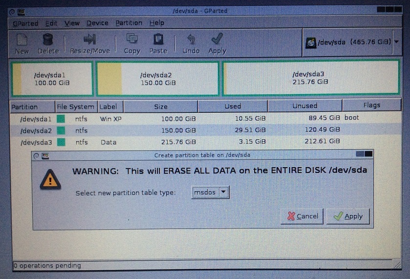 Gparted. Таблица разделов MSDOS. GPARTED MBR. GPARTED New Partition Table. MBR расширение одного раздела за место другого.